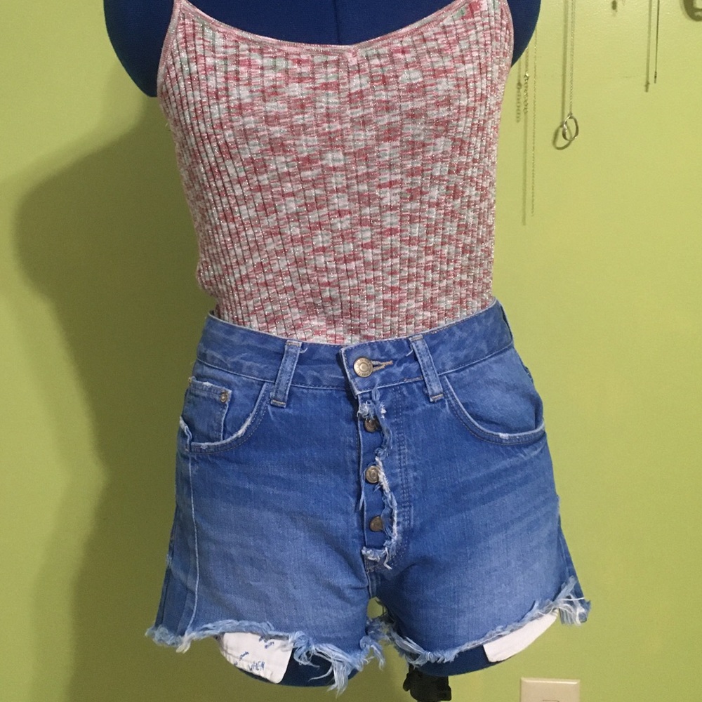 Zara High-Waisted Denim Shorts w/Embroidery